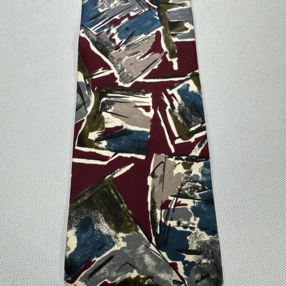 Vintage Barrington 100% Silk Abstract Necktie Burgundy Gray Blue Made USA Wide
